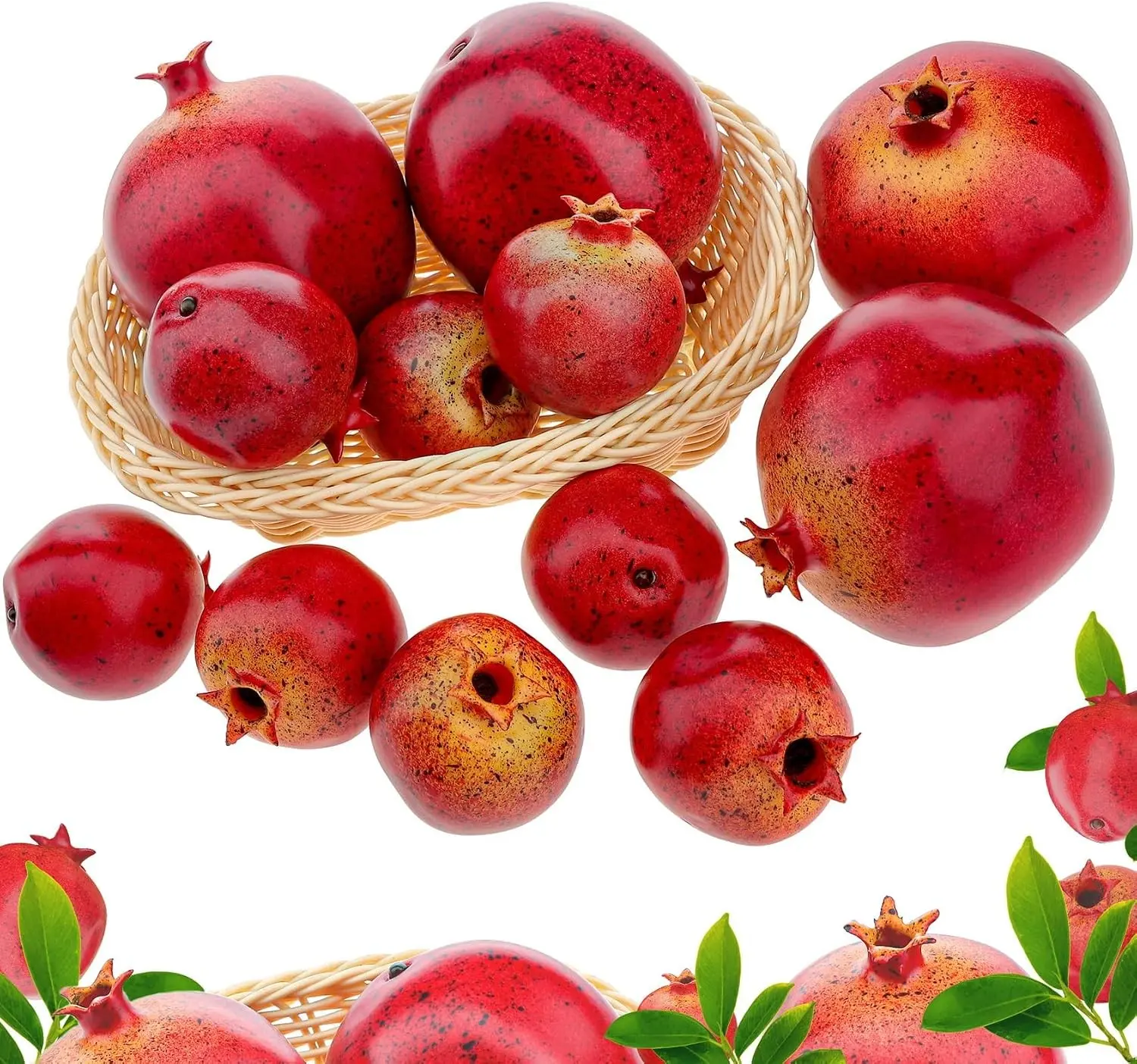 12PCS Simulation Pomegranates Decoration Artificial Fruits Props, 2 size lifelike fake pomegranates set with realistic vibrant color, for table centerpiece, home kitchen wedding display and photo prop