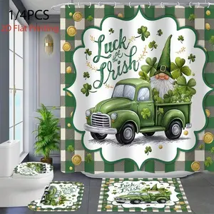 1/4pcs St. Patrick's Day Themed Shower Curtain Set with Truck and Elf Design, Includes Non-Slip Mat, U-Shaped Rug, Toilet Lid Cover, Perfect for Bathroom Decor with 12 Hooks, Bathroom Decoration Accessories