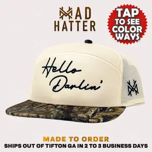 Hello Darlin' MadHatter's Embroidered Snapback Adjustable (Fits Up To A Size 8 Head) Premium Trucker Hat