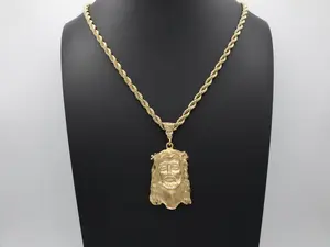 Large Gold Jesus Necklace For Men 14K Heavy Plated Gold 5mm Rope Chain No Fade Waterproof Lifetime Replacement Guarantee Cross Pendant