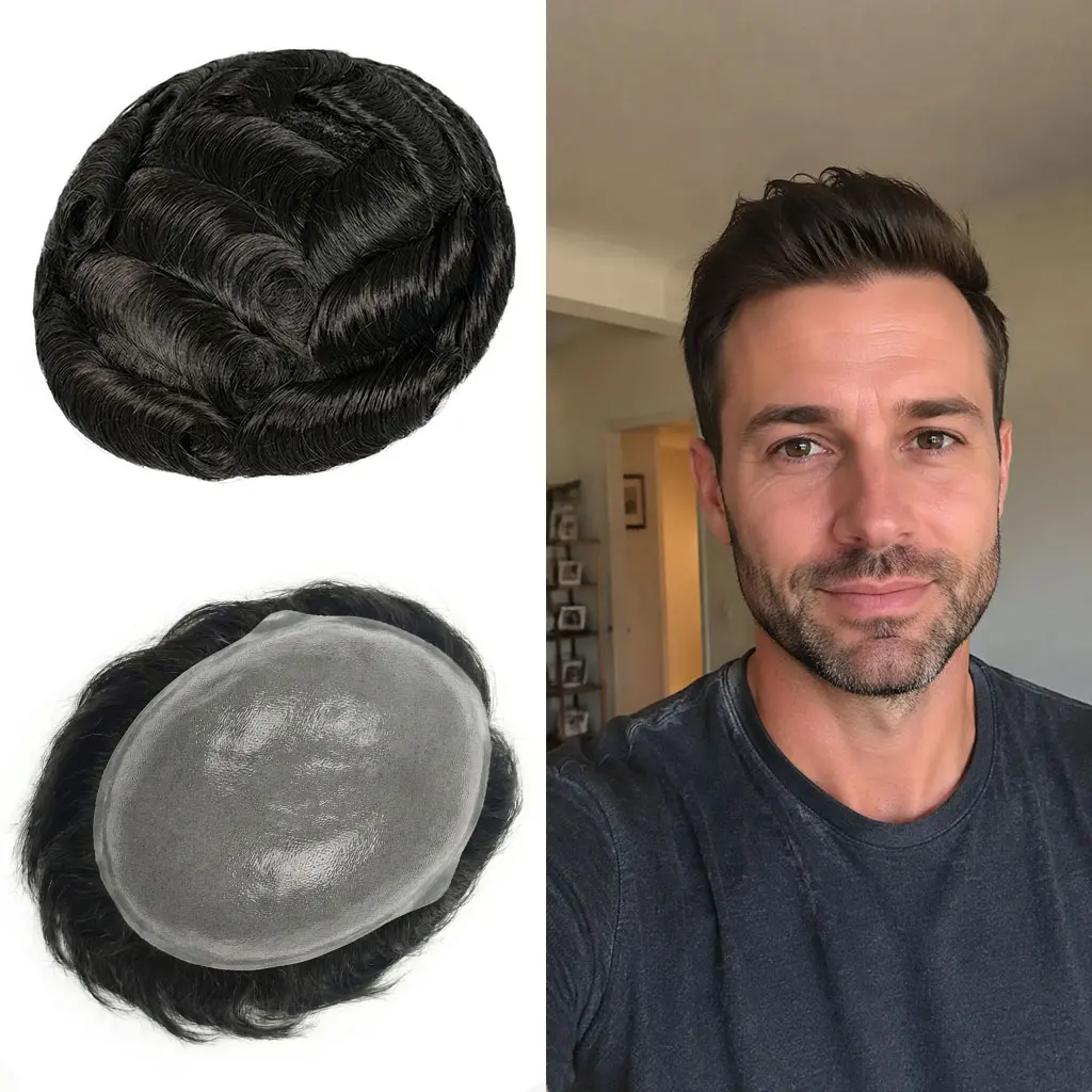 QIANSEE HAIR Durable Mens Toupee 0.06mm PU Base Hybrid Split-Knot Hairpiece for Active Lifestyle 100% Human Hair