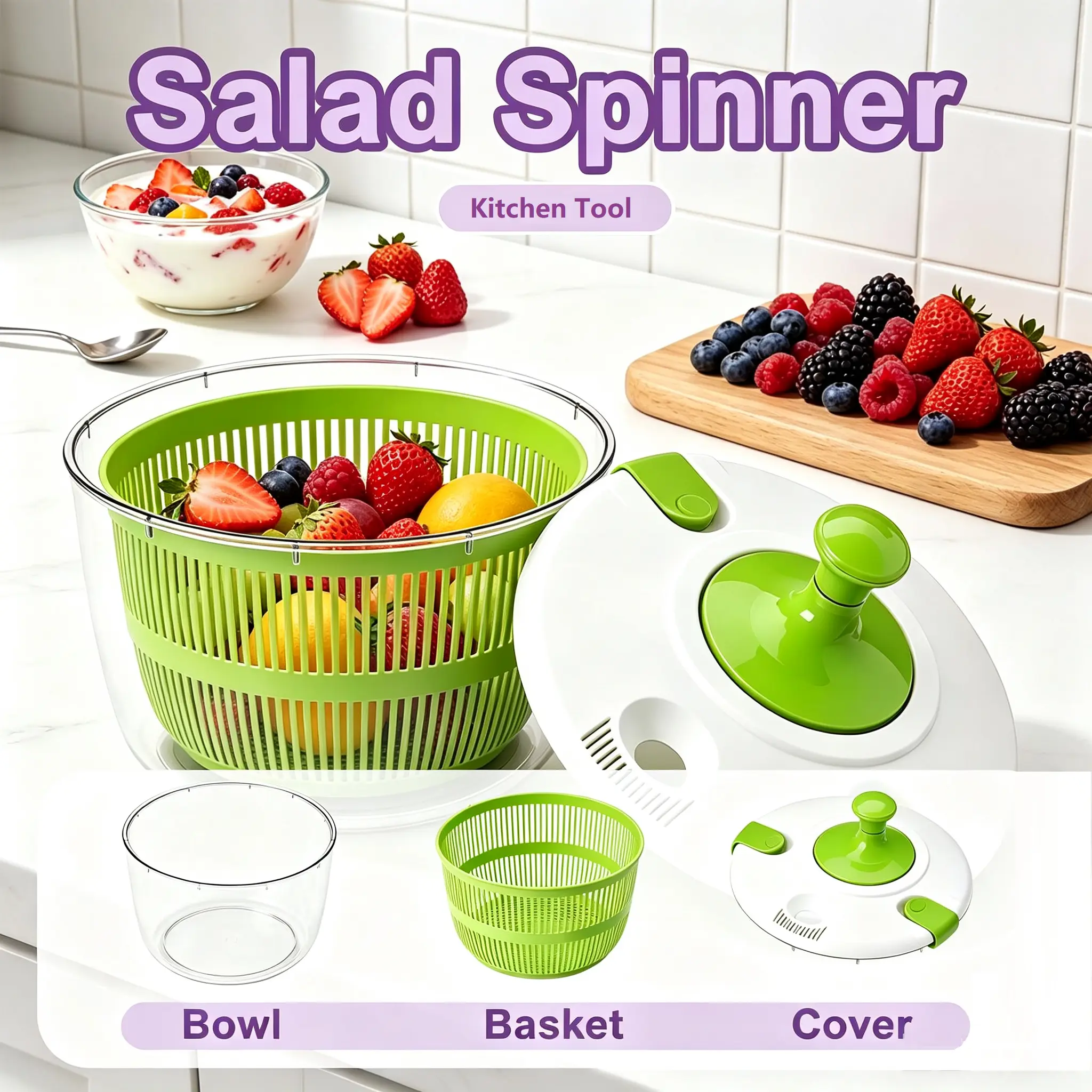 Large Salad Spinner with Drain, Bowl, and Colander - Quick and Easy Multi-Use Lettuce Spinner, Vegetable Dryer, Fruit Washer, Pasta and Fries Spinner - 5.28 Qt  Kitchen Utensils
