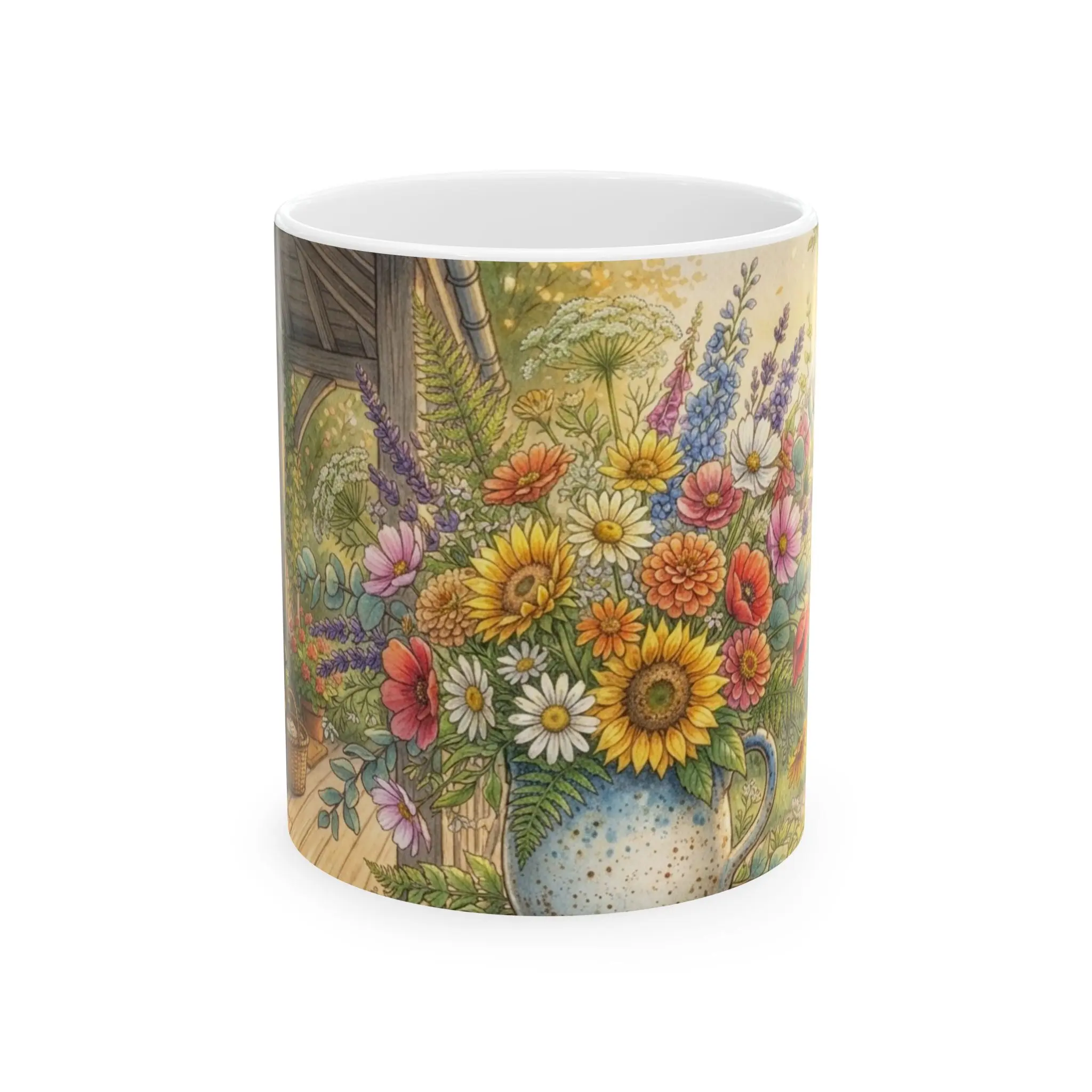 Cottage Garden Floral Bouquet Mug | Sunflower, Daisies, Wildflowers Ceramic