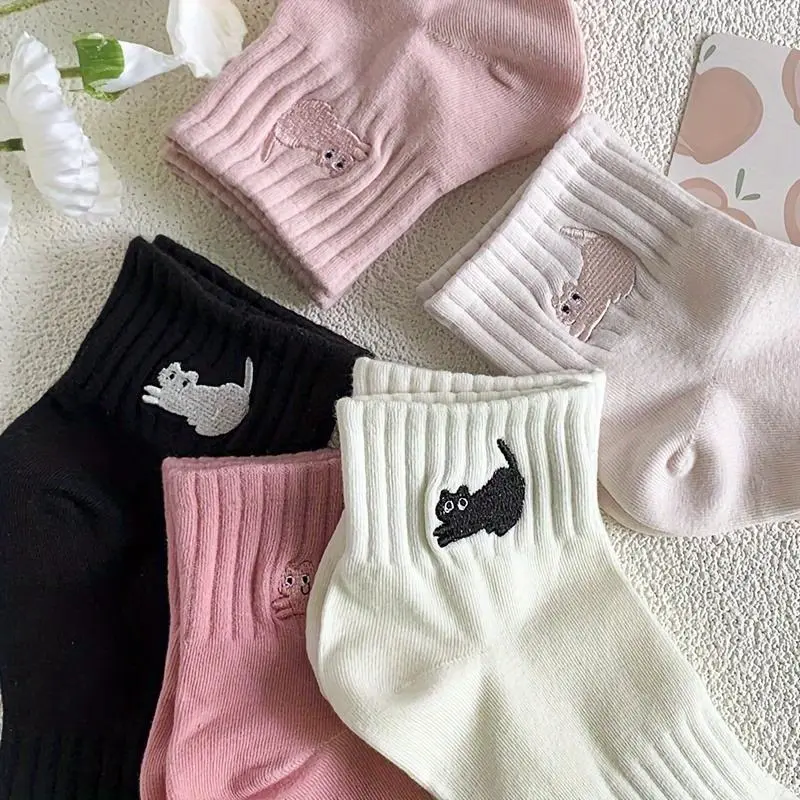 10-Pair Pack of Embroidered Cat Socks for Women, Cute Vintage Preppy Style Ankle Socks, Warm for Autumn & Winter Daily Wear
