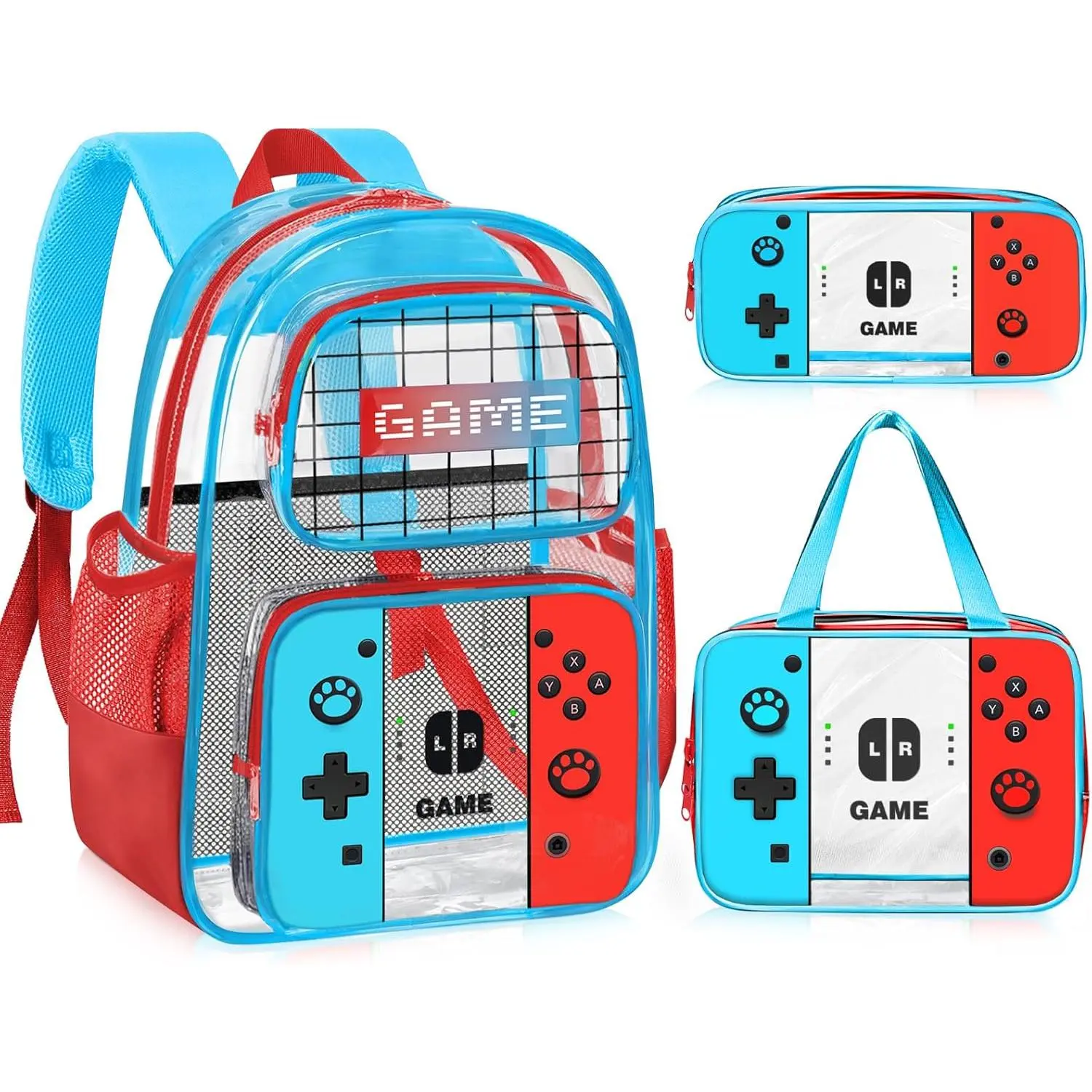 3 count Clear Backpack for School - Gamer  Clear Backpacks for Boys and Girls,Heavy Duty Transparent Bookbag with Lunch Bag and Pencil Case - See Through PVC Transparent Bookbag