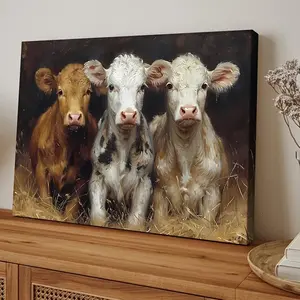 Featuring a vintage cow motif, this piece showcases three cows and a bundle of hay, a high-definition canvas decorative painting measuring 11.8* 15.7inch  with a wooden frame -- modern home decor, can be directly hung in the living room or bedroom