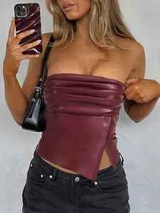 SHEIN Essnce Women Burgundy Red Leather Top Fashionable Ruched Asymmetric Hem Tube Top, Suitable For Going Out And Parties Christmas Top Ruffle PU Leather Side Slit Hem Bandeau Crop Top