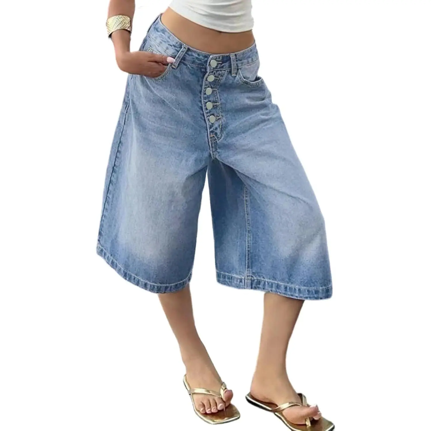 Tbahhir Cropped Bermuda Shorts Jeans for Women Wide Leg Baggy Jorts Summer Denim Pants Y2k for High Waisted Casual Capris