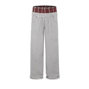 Women's Double Waist Plaid Patchwork Cotton SweatPants Baggy Wide Leg Long Pants with Pockets Fitted Casual Bottoms