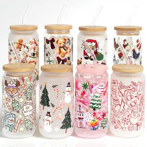 Sip-Sip Hooray! 16oz Christmas Glass Cup with Lid & Plastic and Glass Straws, Holiday Iced Coffee Tumbler, Christmastok 2025 Gift, Aesthetic Reusable Drinkware for Her Bamboo Bottle