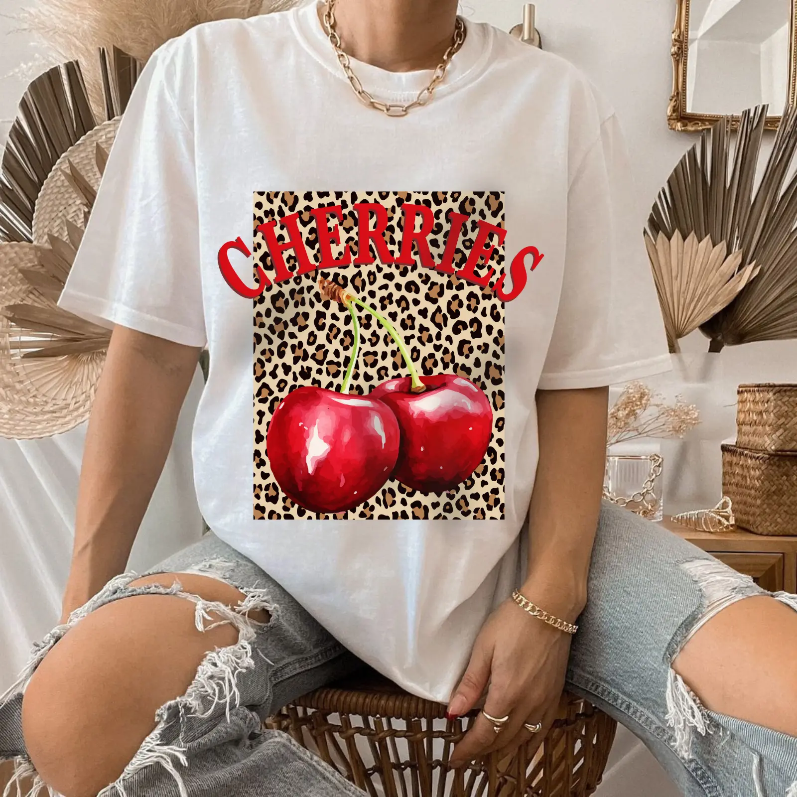 Viral Y2K Cherry Graphic T-Shirt – Oversized Leopard Print Tee