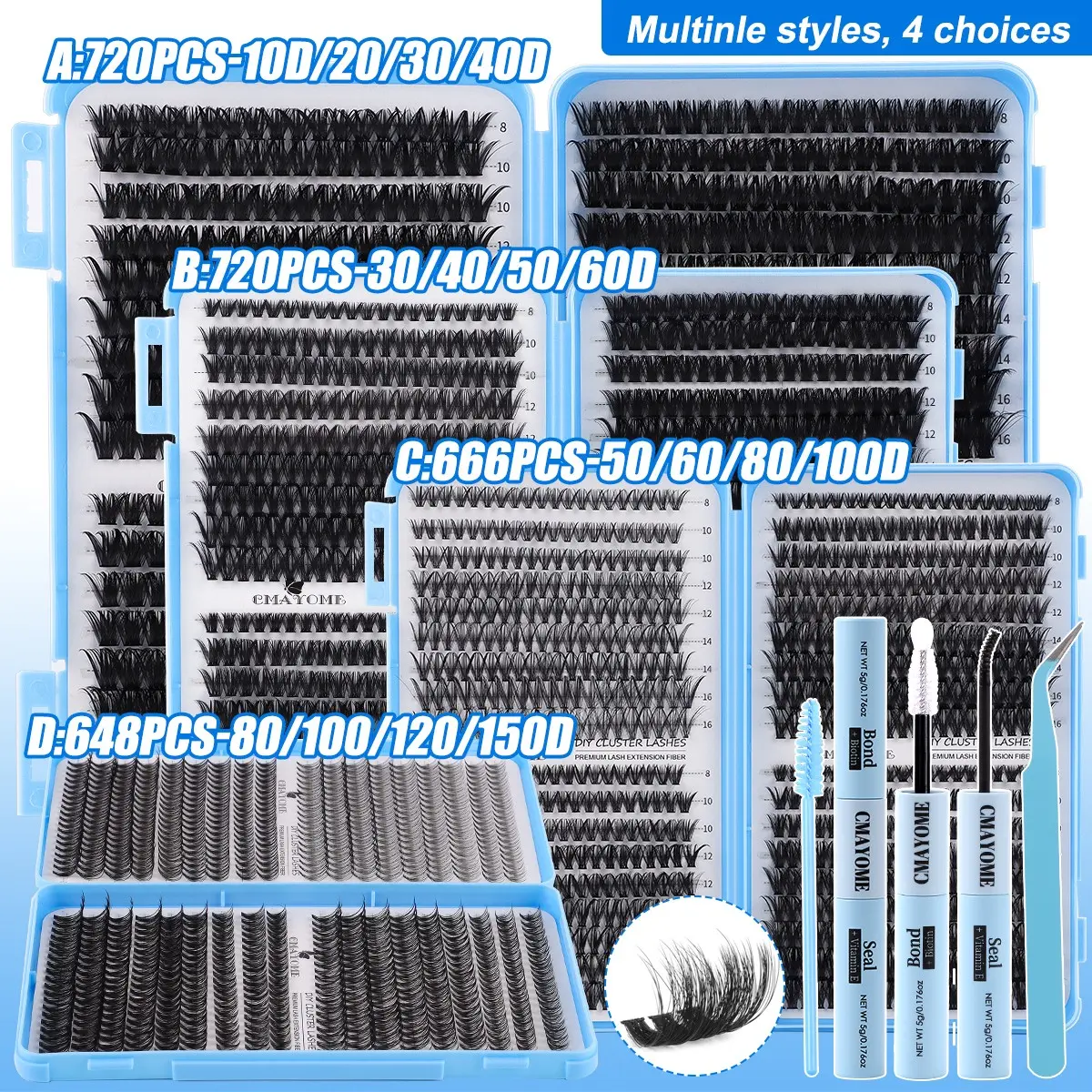 720/666/648 Thick Individual Lash Clusters Kit, 10D-150D Mixed Density, 8-16mm Mixed Lengths, with Glue & Tools, Dramatic, Waterproof, Sleep-Proof & Long-Lasting, for Daily, Outdoor, Dates & Festivals