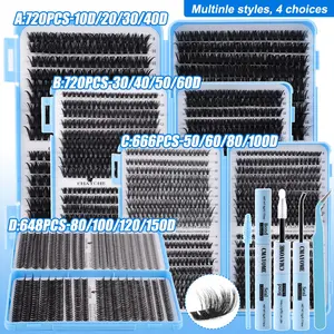 720/666/648 Clusters Thick Individual Lash Kit, Eyelash Extensions, 10D-150D Mixed Density, w/ Glue & Tools, 8-16mm Mixed Lengths, Eye-Enhancing, Waterproof, Sleep-Proof, Long-Lasting, For Daily, Outdoor, Dates, Festivals, DIY False Eyelashes