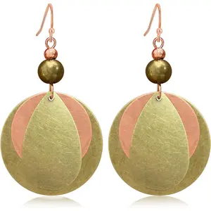 Copper Geometry Three Disc Lightweight Dangle Drop Earrings Retro Bohemian National Style Round Circle  Earrings For Women