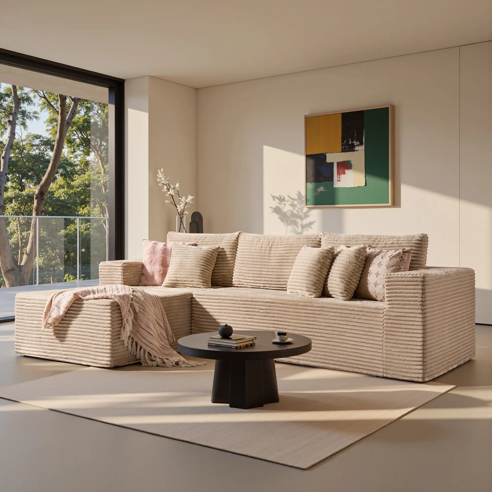 106" Beige L-Shaped Sofa, Left Chaise 1