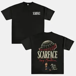Scarface Two Sides Graphic Tee - The World is Yours Design with Tony Montana Iconic Image, Perfect for Movie Fans and Streetwear Enthusiasts graphic tee men gifts Men's Breathable Crew Neck T-Shirt