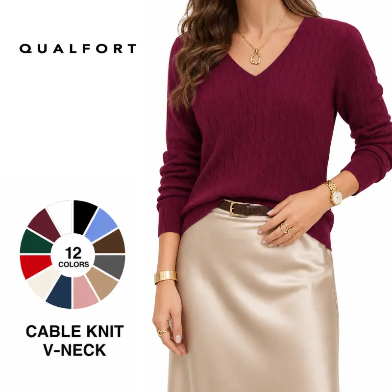 QUALFORT Women's 100% Cotton Cable Knit Sweater, Soft Lightweight Crew Neck Long Sleeve Pullover, Modest Classic Knit Top for Business Casual, Office, Work, Everyday Wear, Spring and Fall Outfits