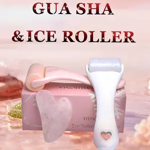Natural Rose Quartz Gua Sha Tool Set, Ice Roller Face Massager, Face Lifting Roller, Self Care Gift for Women, Includes Gift Box, Facial Soothing Massage Kit, Facial Beauty Massagers