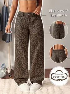 Women's Leopard Print Vintage Denim Casual Pants, Wide Leg Loose Fit, Elastic Waist, Slant Pockets, Button Fly, Boho Style