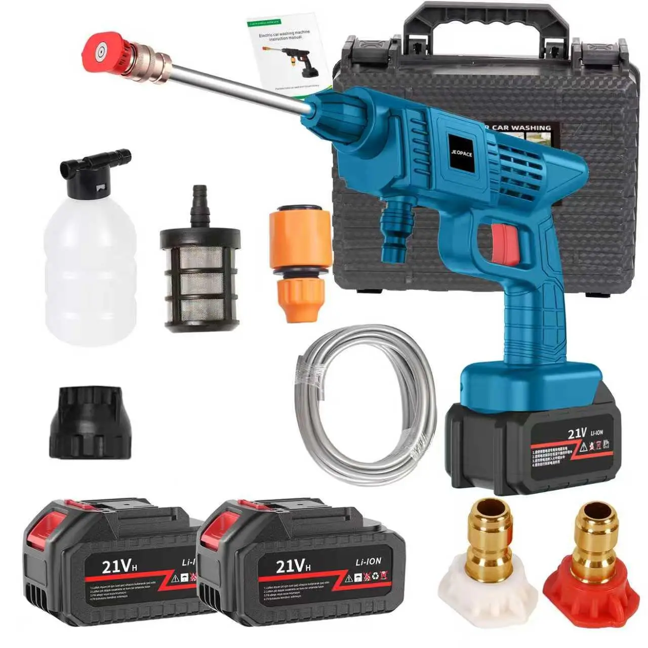 21V Li-ion Pressure Washer, Car Washing Power Tool with Batteries, Hose, Nozzles and Accessories for Efficient Cleaning adjustable water