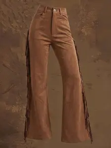 Women's Western Boho Suede Pants, High Waisted Brown Fringed Trousers, Side Tassel Details, Country Music Festival Outfit, Stylish Flared Design, Casual Comfort Fit, Perfect for Dating or Night Out