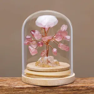 Crystal Natural Crystal Tree Flower Cluster Glass Dome Wooden Base, Lucky Healing Crystal Stones Stress Reduction Meditation Yoga Health Tabletop Decoration Gift for Women