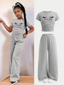 2Pcs Girls Fashion Knitted Sports Set - Grey Cartoon Print Short Sleeve T-Shirt & Wide Leg Pants Breathable Quick Dry Summer Casual Outdoor Loungewear Summer Clothes Set