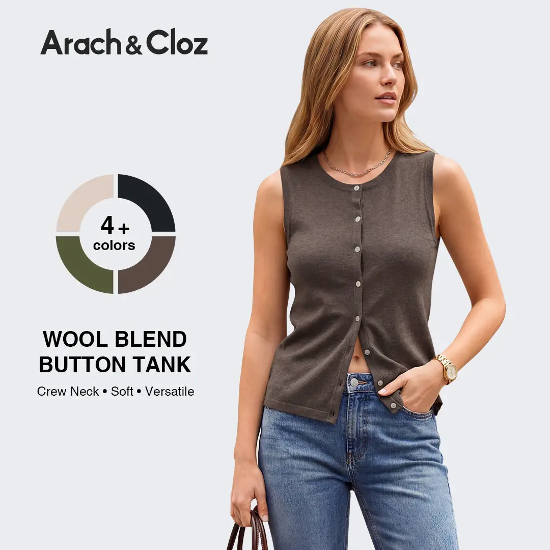 Arach&Cloz Women's SummerVibes Wool Blend Tank Top Button Down Non See Through Casual Business Outfit 2026