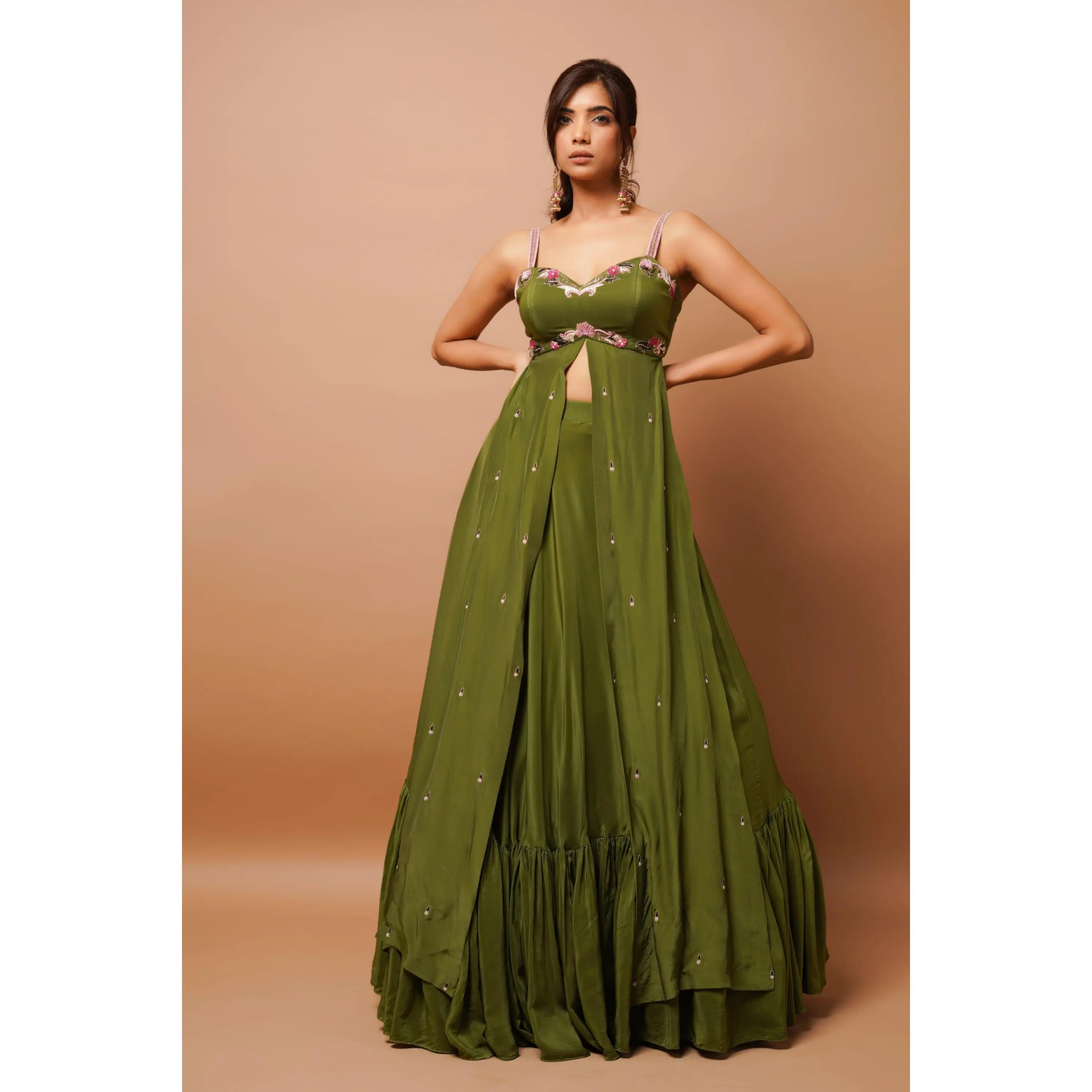 Mehndi green slit kurta and lehenga
