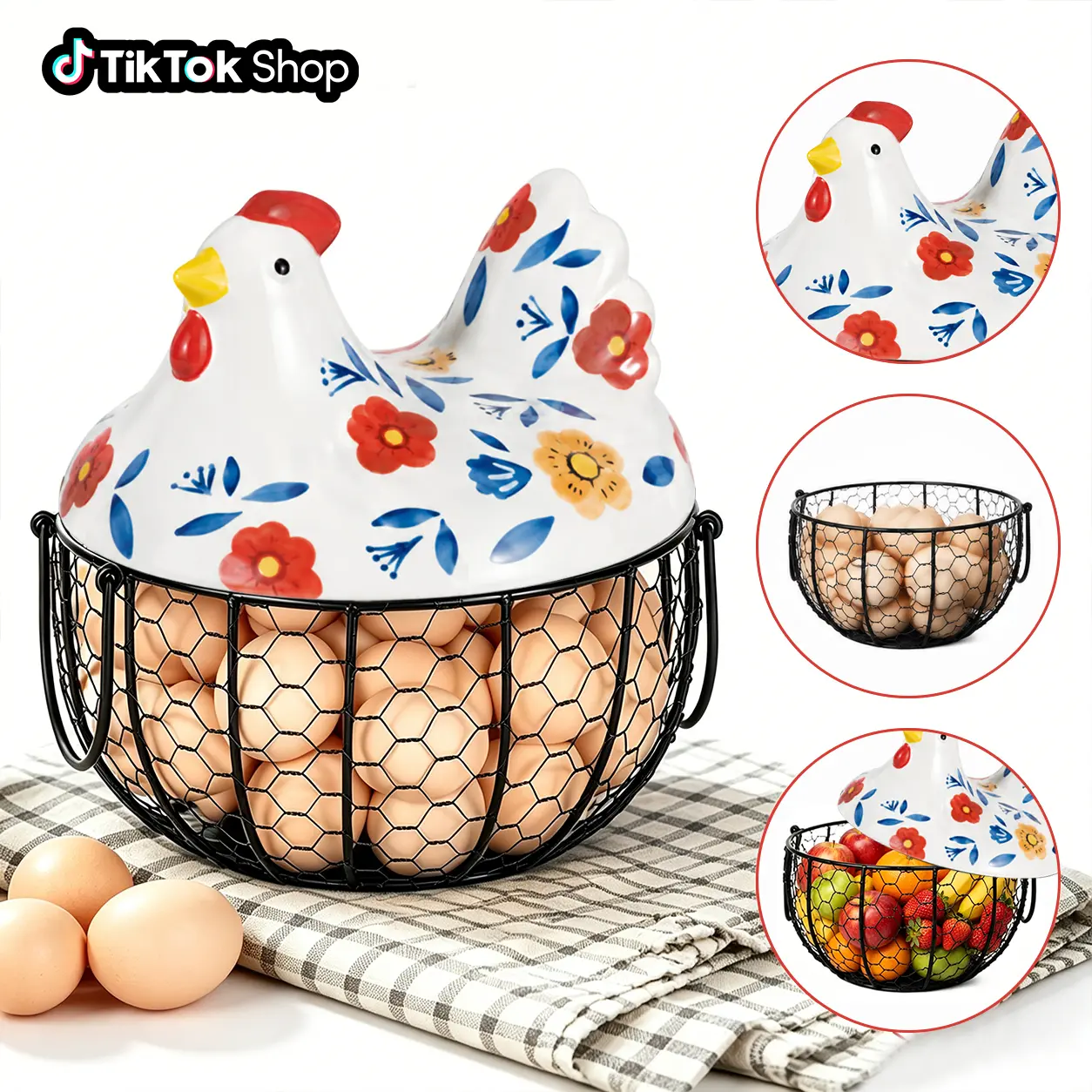 Farmhouse French Country Ceramic Chicken Egg Basket with Metal Wire Lid - Kitchen Supplies, Rustic Multi-Functional Home Organizer Shelf Storage for Eggs, Fruits