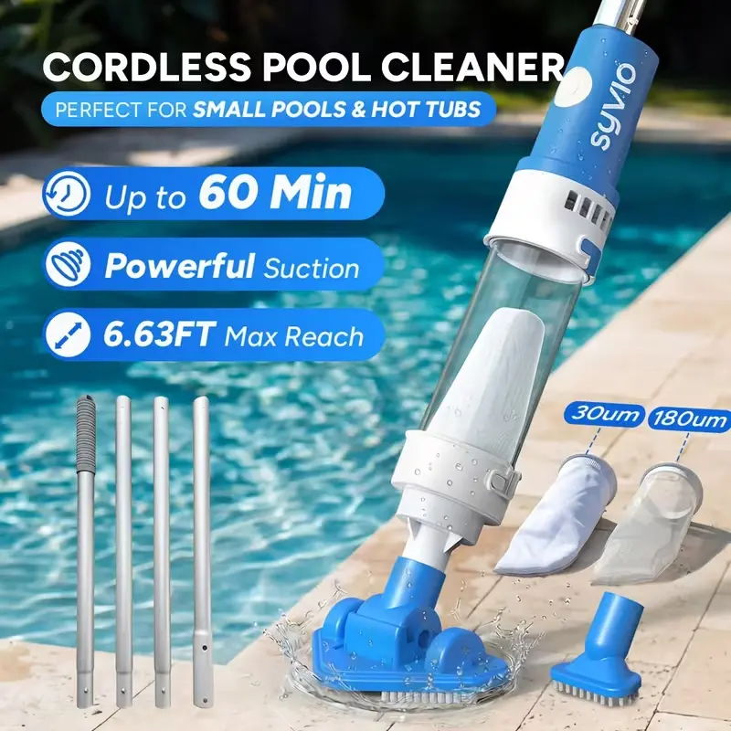 Wireless Handheld Pool Vacuum Cleaner, Rechargeable Pool Suction Cleaner with Powerful Suction & Dual-Filter, Telescopic Pole Design, Long Runtime Portable Cleaner for Above Ground & Inground Pools, Spas