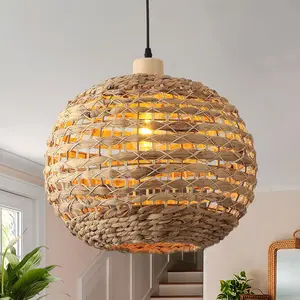 Boho Pendant Lights Kitchen Island Rattan Lights Fixture, 15.8" Hand-Woven Chandelier Hanging Ceiling Light for Dining Room Living Room Bedroom