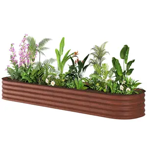 7.9x2x1ft Brown Galvanized Raised Garden Bed Kit with Safety Edging Metal Planter Box Open Bottom for Flowers Herbs Vegetables for Backyard Patio Deck Urban Farm