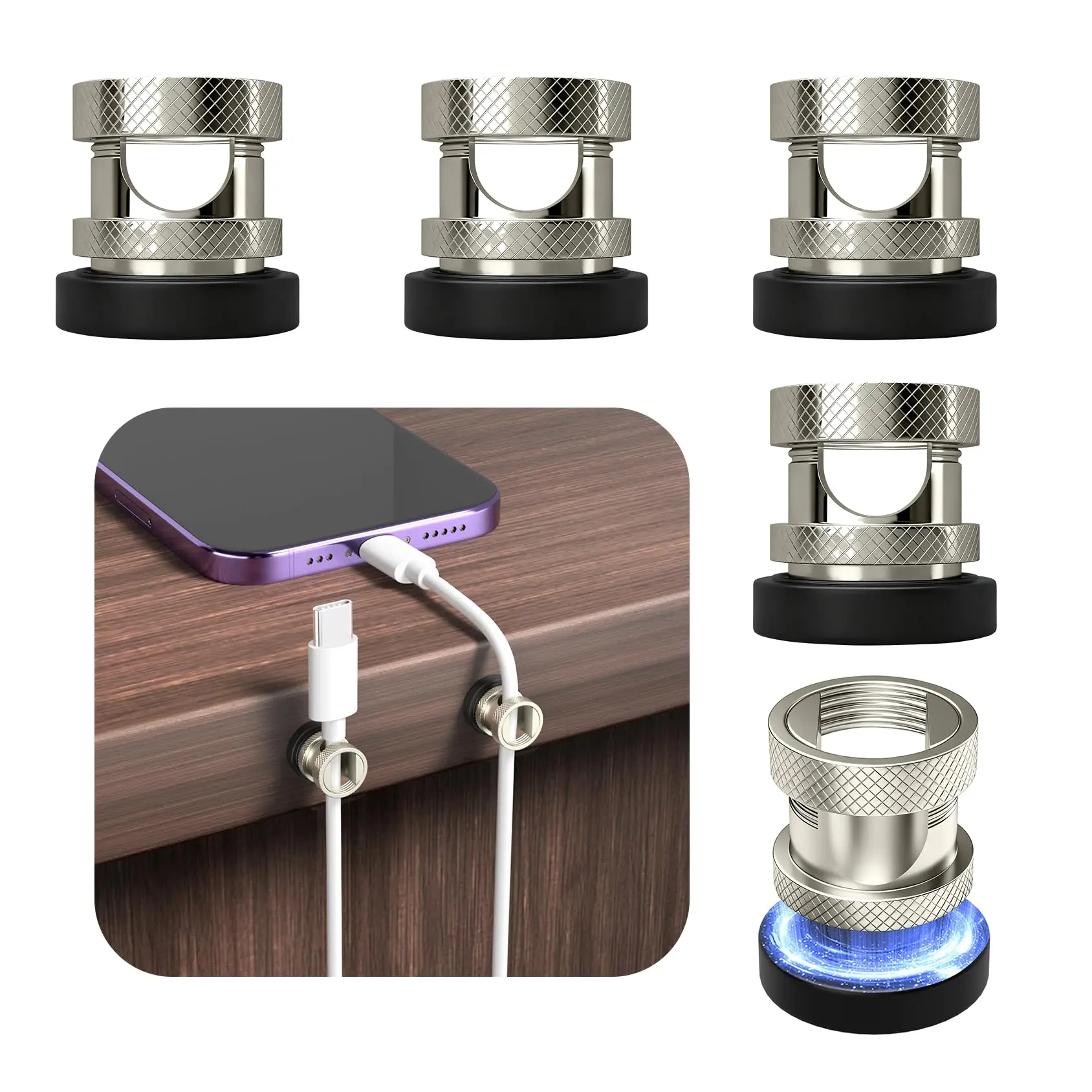 Maveek 6 Pcs Magnetic Threaded Cable Holder Clips - Stainless Steel Adjustable Organizer (0.24-in Hole) for USB Charging Wires, Desk Accessories, Office & Work Needs, Under Desk/Car Dash Cam Setup, Office Desk Accessories