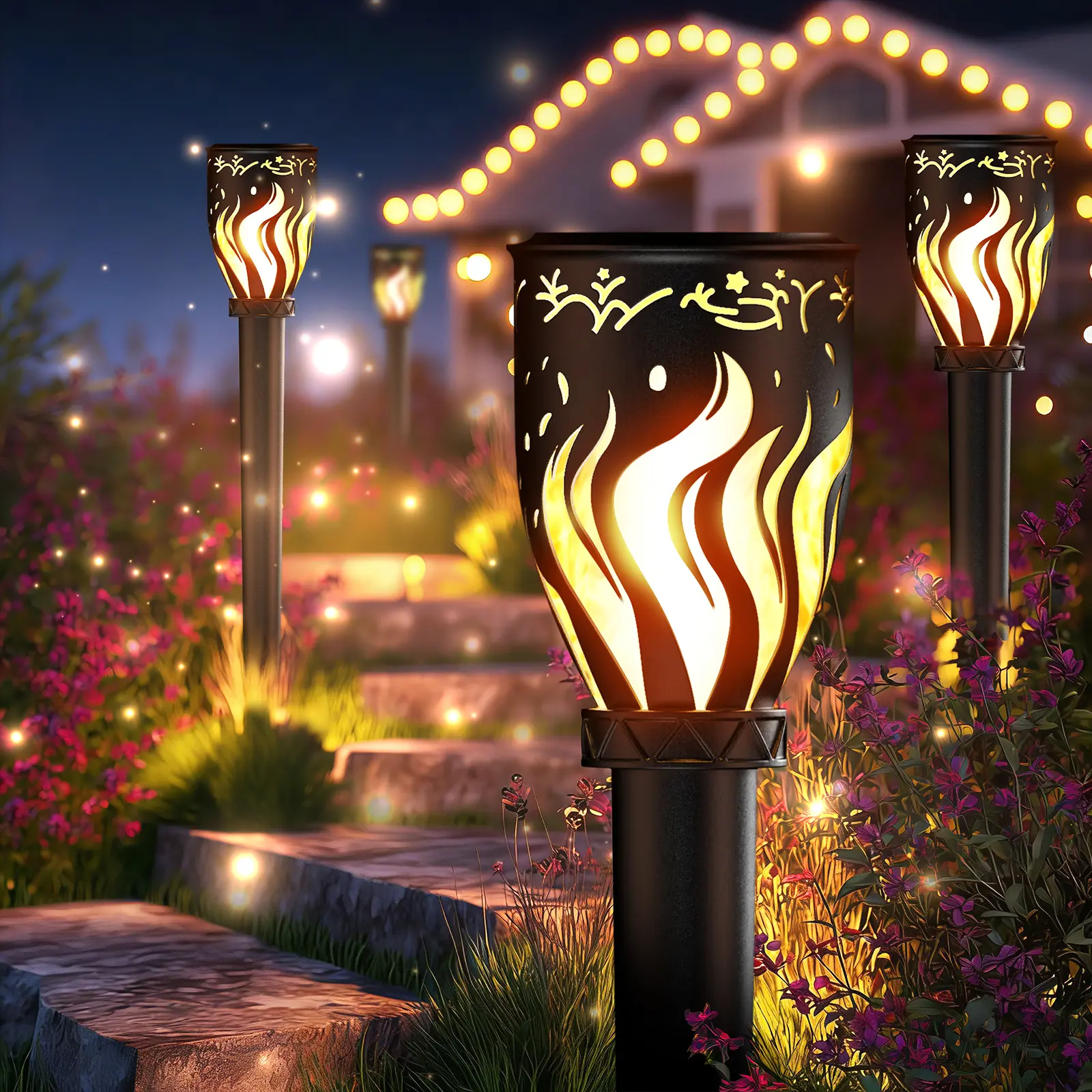 MrCrafts Solar LED Flame Torch Lights 4 Pack - 40'' Solar Powered Torch Lights with Flickering Flame, Ideal Decor for Gardens, Pathways, Patio, Balcony, Pool
