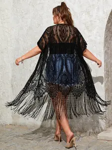 645 - Sheer Lace Long Sleeve Open Front Long Body Asymmetric Hem Hi Low Fringe Duster Cardigan Black