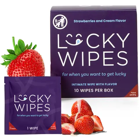 [Lucky Wipes] Strawberries & Cream Flavored Wipes For Men | 10 Wipes per Box | Scented, Gentle, Personal Care, pH Optimized Vegan and Cruelty Free, Hygiene Wipes For Men, Flavored Wipes, Men's Gift