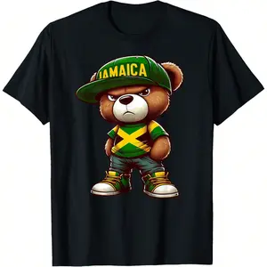 Teddy Bear Jamaica Flag Jamaican Men's Summer Casual T-Shirt, Comfortable - Breathable, Soft, Slightly Stretching, Street Hip Hop Style T-Shirt 100% Cotton All-Season Wear Individuality Unisex Top 220g Streetwear Menswear