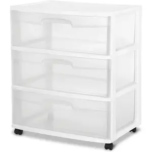 Plastic Storage Drawer Cart, Medium Home Organization Storage Container with 3 Large Clear Drawers With Wheels (White)