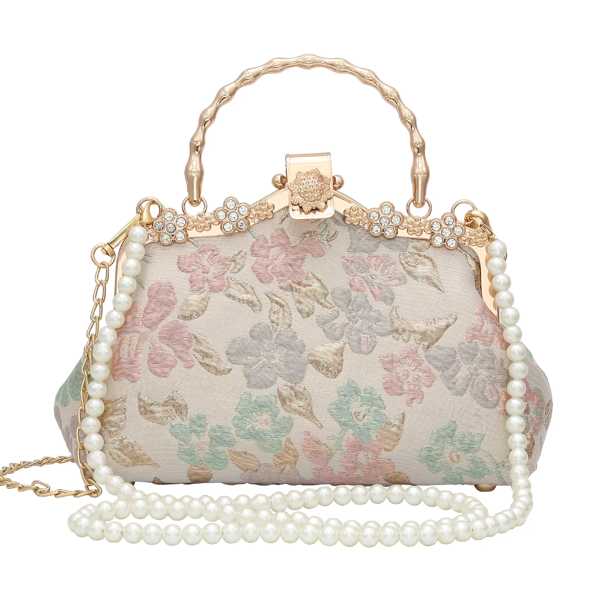 Bwinka Women's Evening Clutch Bag, Fashionable Crossbody Silk Purse with Embroidered White Peony, Retro Chain Decorated Design for Weddings, Chain Decorated Handbag, Design Handbag, Fashionable Bling Bag, Aesthetic Shoulder Bag