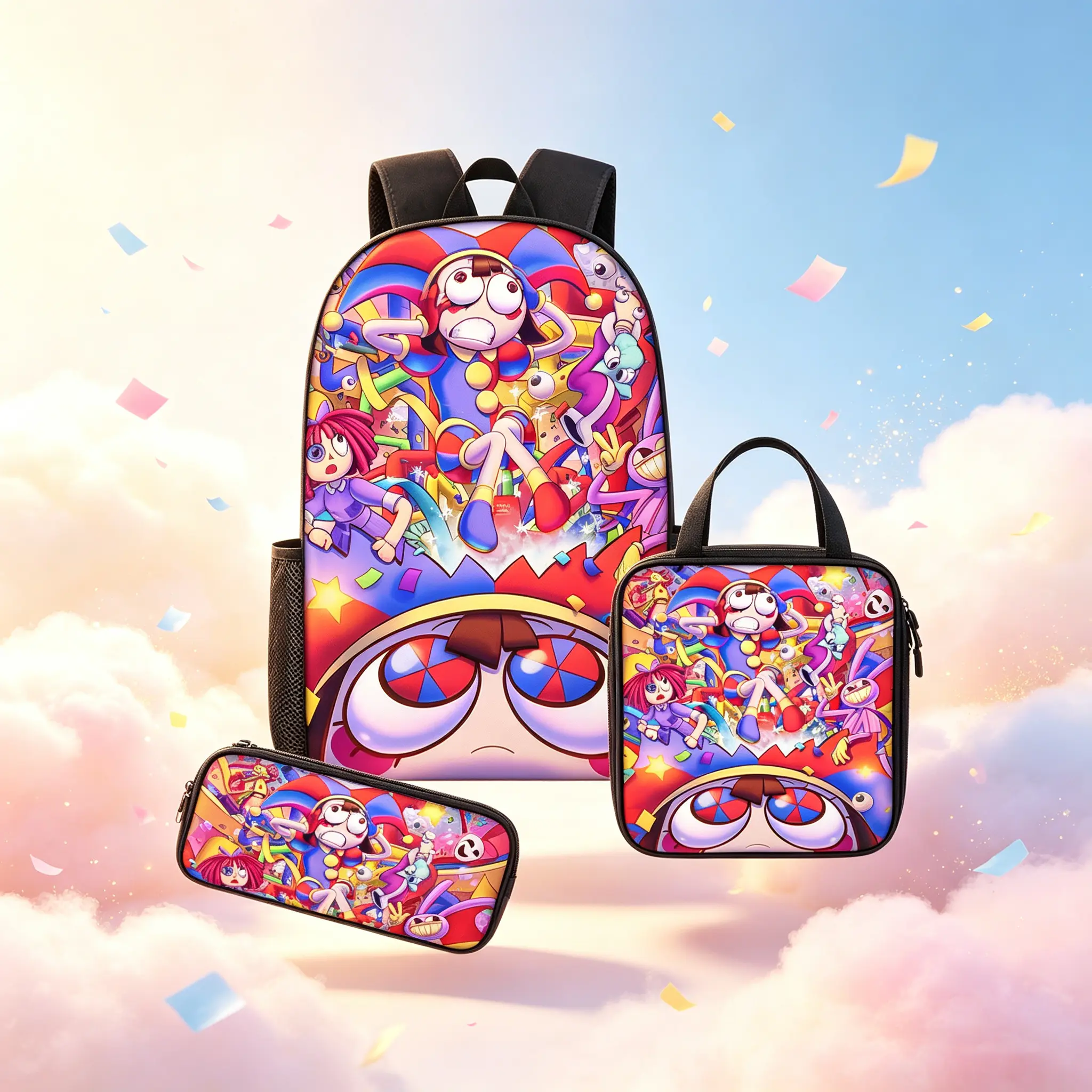 The Amazing Digital Circus 3-in-1 School Bag Set, Cartoon Backpack + Insulated Lunch Bag + Pencil Case Kit, Classic TADC Pomni & Jax Character Print, Sturdy Kids Back to School Daily Supplies