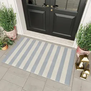 Washable Outdoor Rug 3'X5', Boho Washable Rug, Blue/White/Tan Outdoor Area Rug Entryway Rugs Indoor Door Mat Front Porch Rug Cotton Small Checkered Rug Floor Carpet for Entry/Patio/Bedroom/Living Room