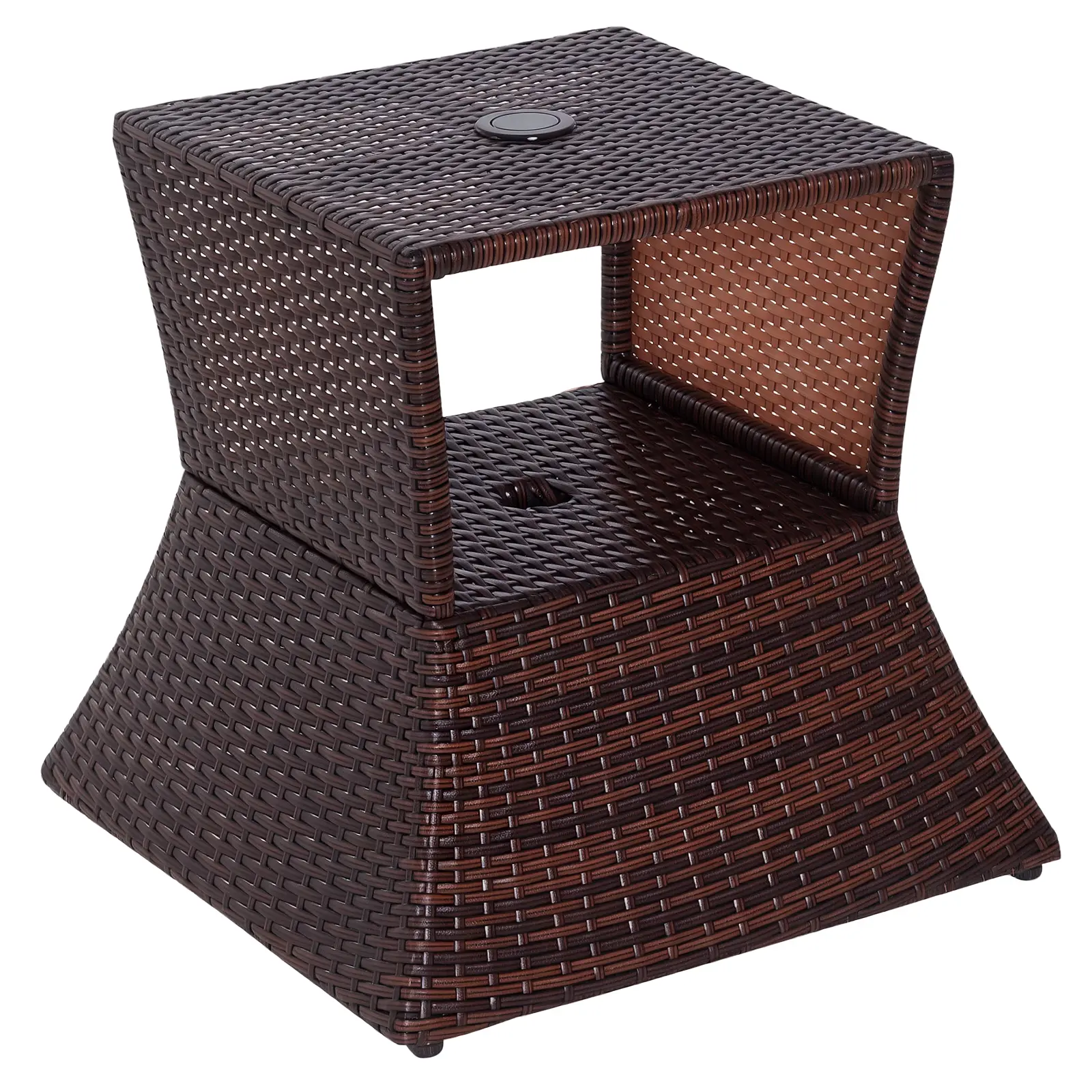 Outsunny Weatherproof Side Table, 2-Tier Rattan Wicker End Table with Umbrella Hole, Storage Shelf, for Patio, Garden, Weatherproof Side Tables