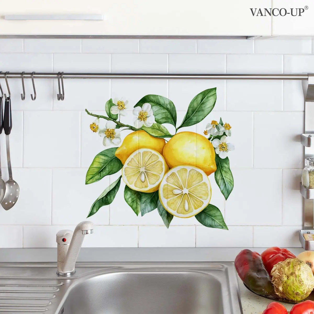 A (30*30cm) lemon branch, leaf and flower 2D flat wall sticker for living room, dining room, kitchen home decoration and beautification, self-adhesive M20820-NC Decorative Wall Sticker