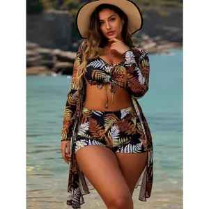 2026 Summer Printed Three-Piece Swimsuit Set  Tie-Front Bikini Top, High-Waisted Shorts, and Matching Cover-Up Cardigan – Tropical Style Swimwear Perfect for Beach Vacations