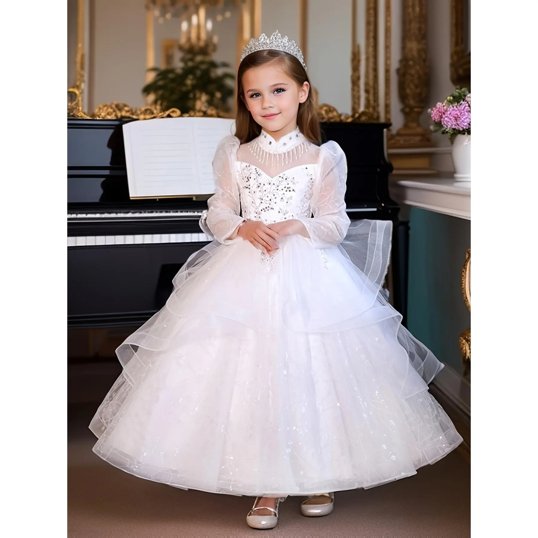 Girls' Luxury Long Tulle Princess Dress with Embellishments - Sleeveless,  Flowing A-Line Skirt, Ideal Birthday &
