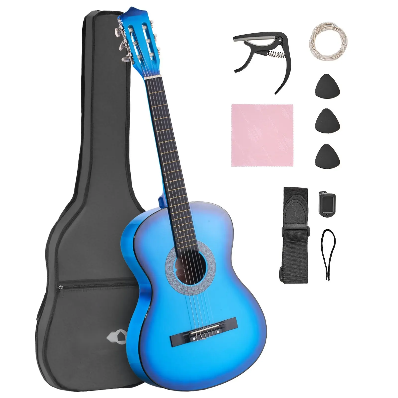 38-Inch Classical Guitar Beginner Starter Kit In Blue With Nylon Strings, Complete Learning Package For New Players, Includes Case, Tuner, Extra Strings, Picks, Cleaning Cloth, Strap, And Instructional Guide