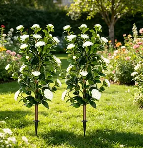 2 Pack Real Touch Artificial Camellia Flowers with Ground Spike - UV Resistant Silk Fake Flowers for Outdoor Garden, Cemetery Decoration, Window Box & Porch, 3.2" Tall Vibrant Faux Camellias  white
