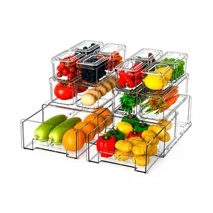 AISOON 14 Pack Fridge Organizer, Stackable Refrigerator Organizer Bins with Lids, With a Pull-out Large DrawerBPA-Free Produce Fruit Storage Containers for Food, Vegetable Storage Durable Kitchen Appliances