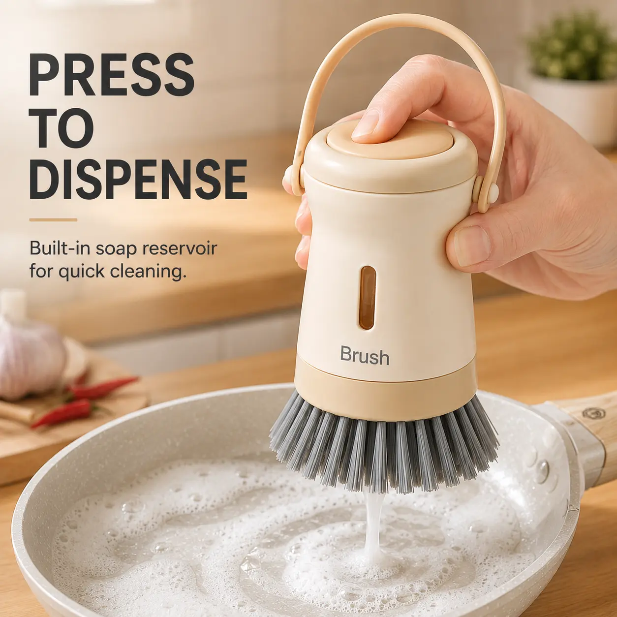 Dish Brush with Soap Dispenser, Kitchen Cleaning Brush for Pan, Pot and Cookware Scrubbing Tough on Grease Window, Press-To-Dispense